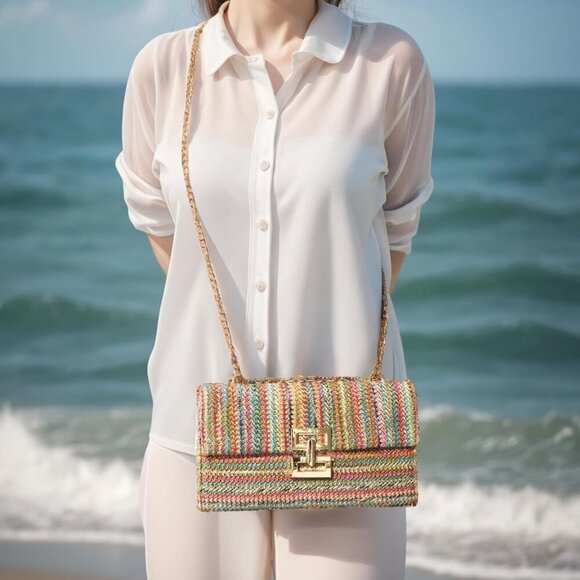 Straw Clutch Crossbody Bag Women Summer Woven Shoulder Envelope Evening - Picture 3 of 7